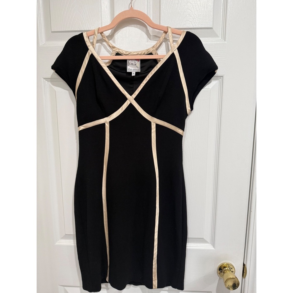 Yoana Baraschi Black Gold Satin Trim Cage Neck Sheath Dress Womens 6